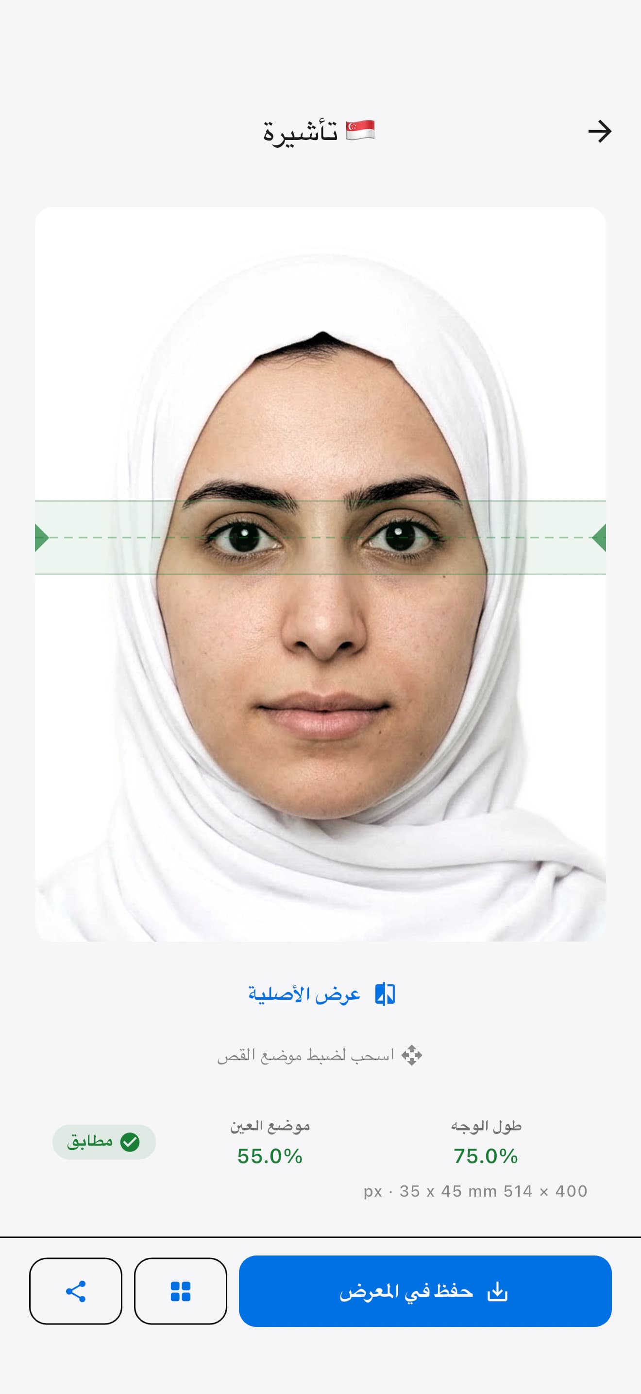 شاشة نتيجة SpecSnap تعرض صورة جواز سفر سنغافوري مع طول الوجه وموضع العين والتحقق من المطابقة