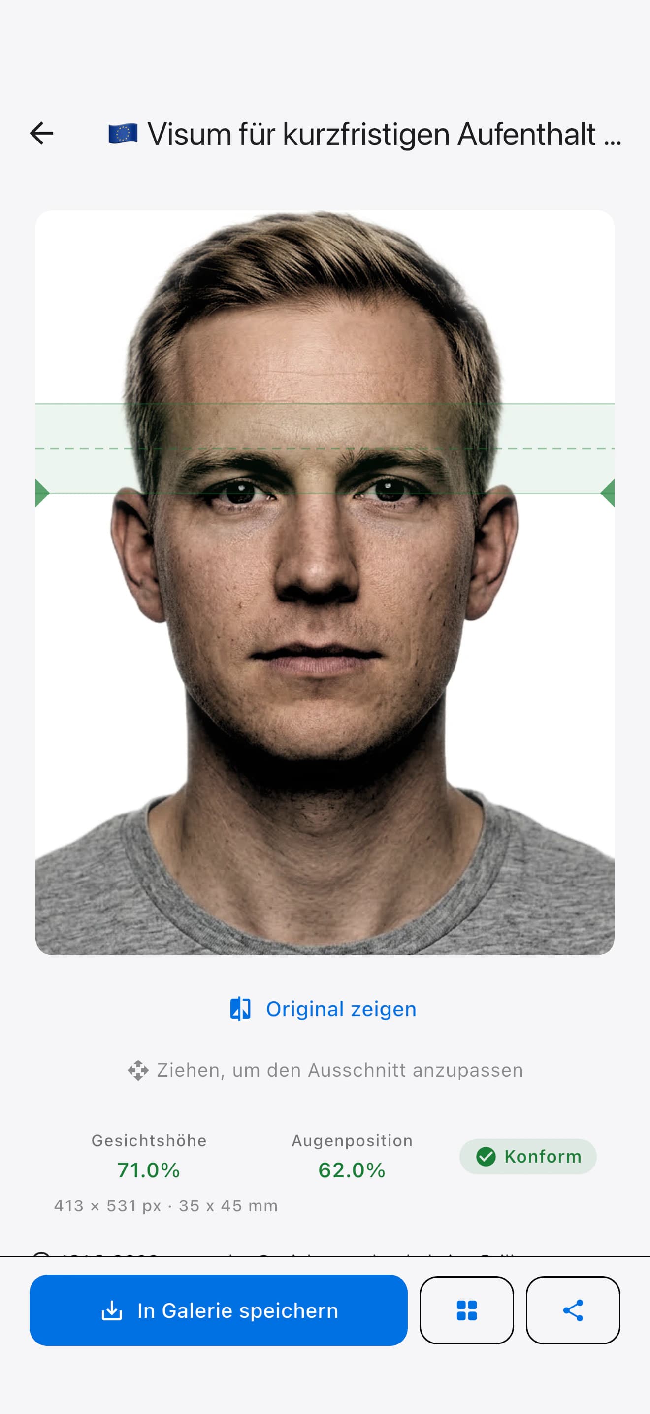 SpecSnap-Ergebnisbildschirm mit einem Singapurer Passbild samt Gesichtshöhe, Augenposition und Konformitätsprüfung