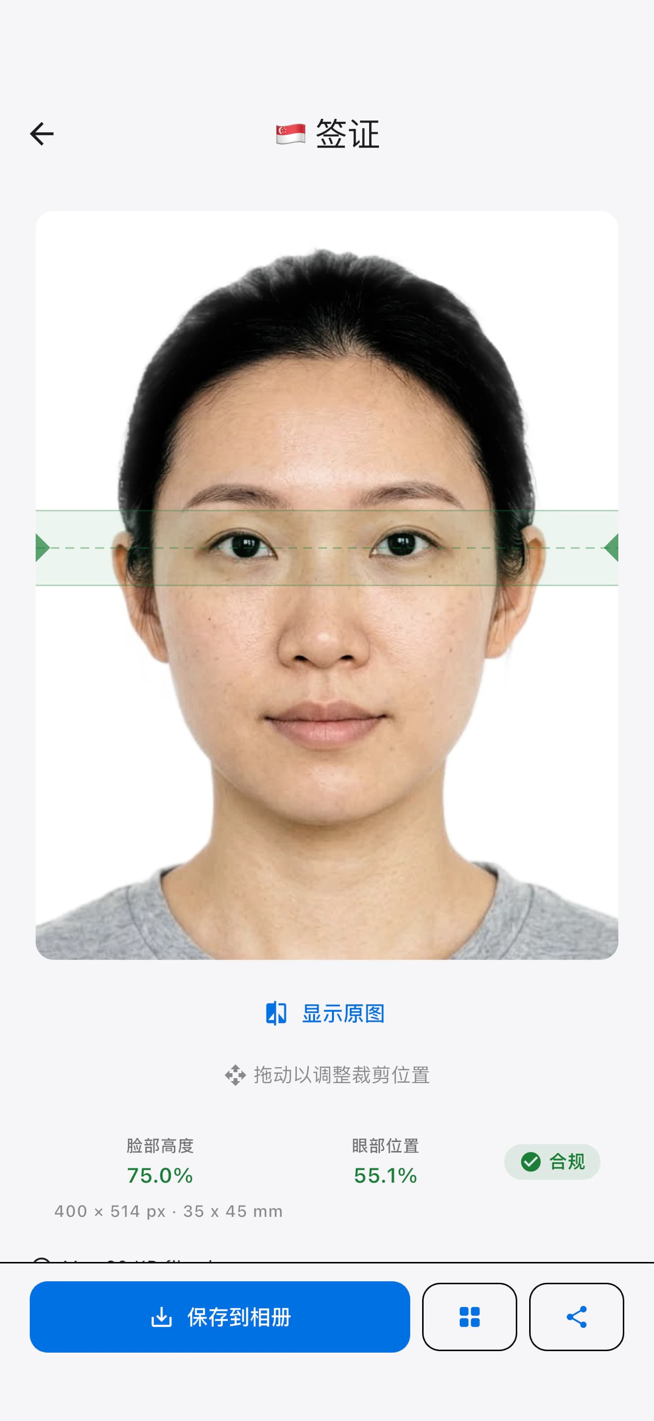 SpecSnap 结果页面，展示一张新加坡护照照片，以及人脸高度、眼线位置和合规校验