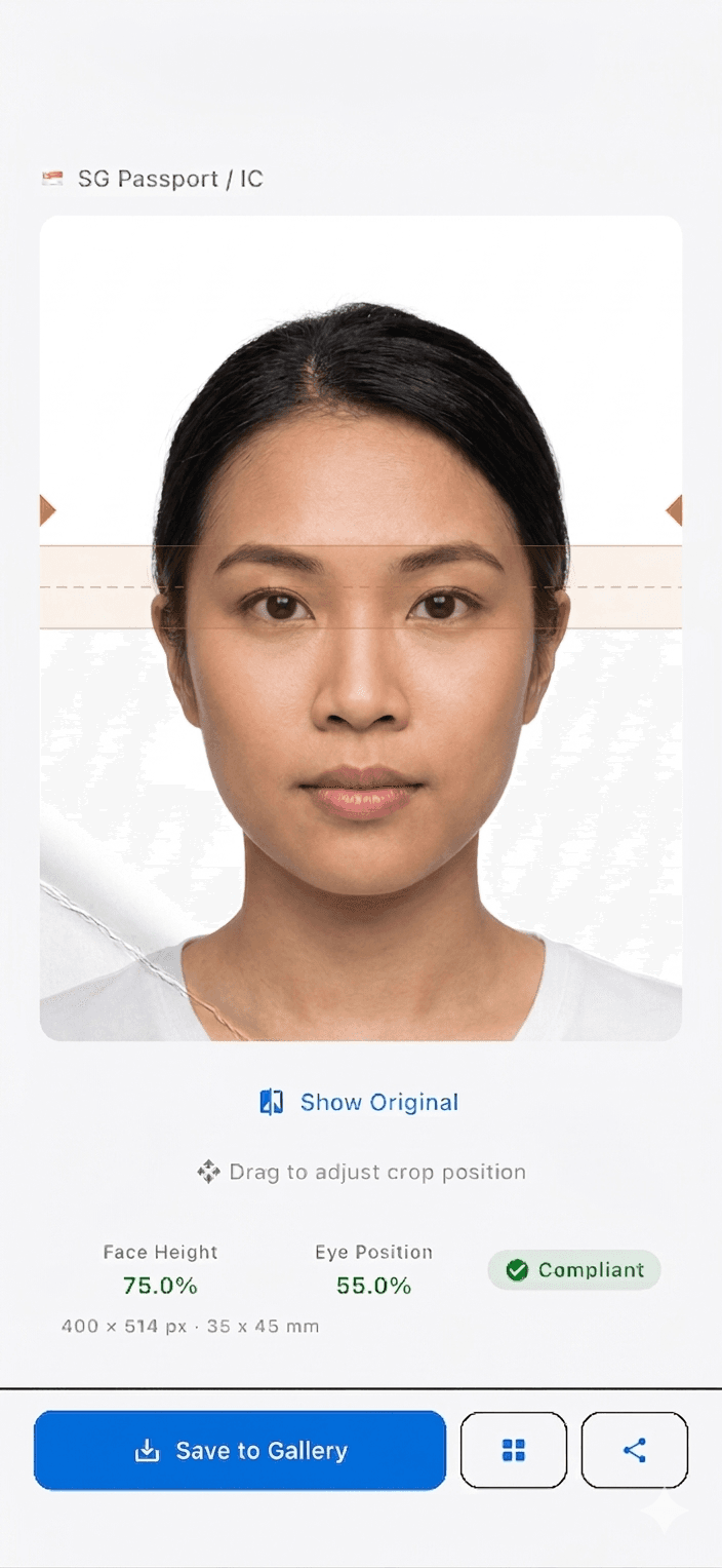 SpecSnap-Ergebnisbildschirm mit einem Singapurer Passbild samt Gesichtshöhe, Augenposition und Konformitätsprüfung