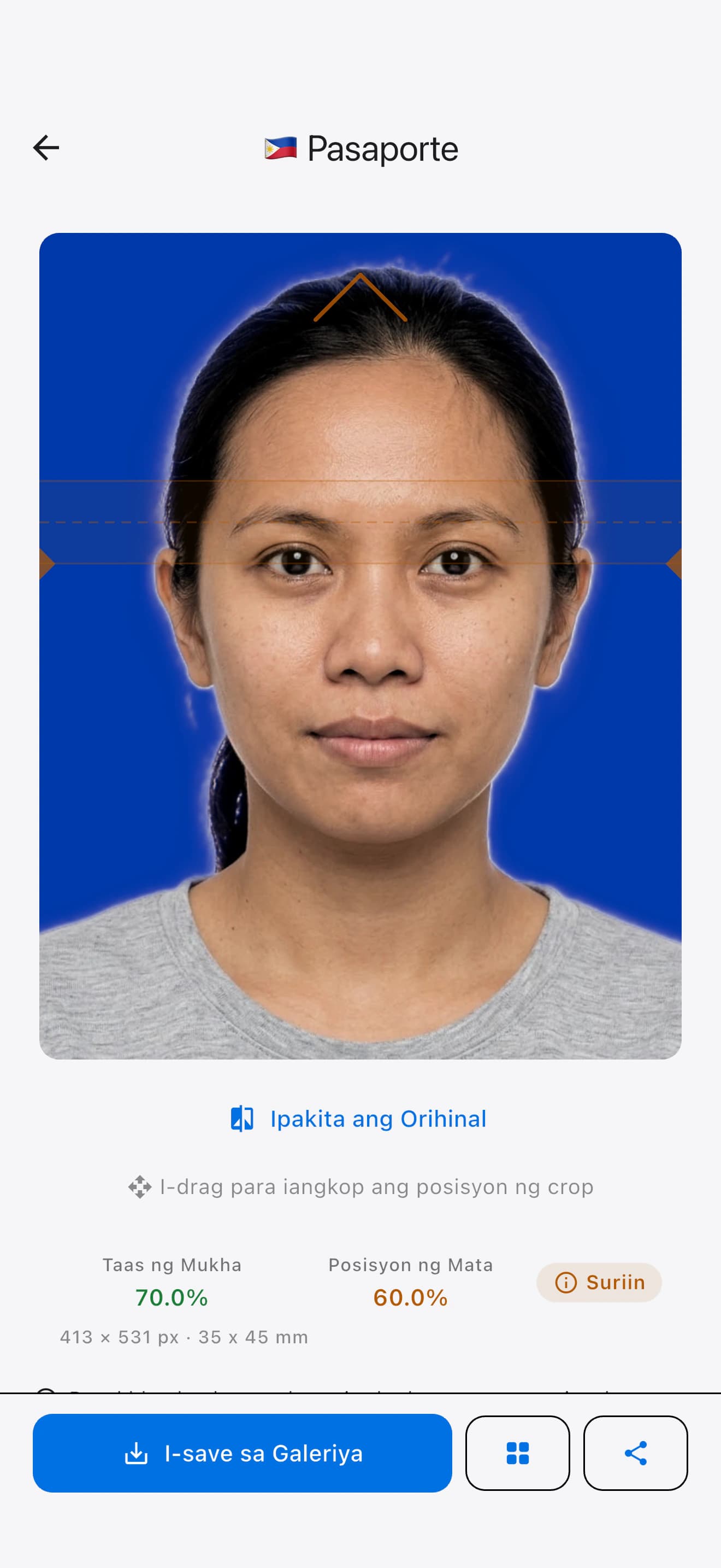 Screen ng resulta ng SpecSnap na nagpapakita ng larawan sa pasaporte ng Singapore kasama ang taas ng mukha, posisyon ng mata, at pagsusuri ng pagsunod